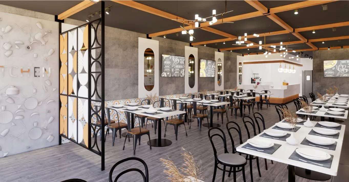 Little K Kitchen dining room in League City with wood beams, arched mirrors and patterned tile